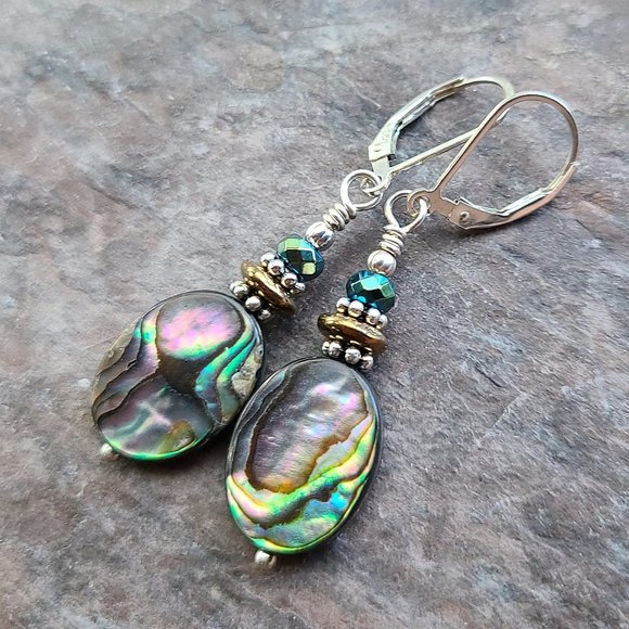 Abalone Earrings With Sterling Silver Leverback Earwires - Picture 6 of 10